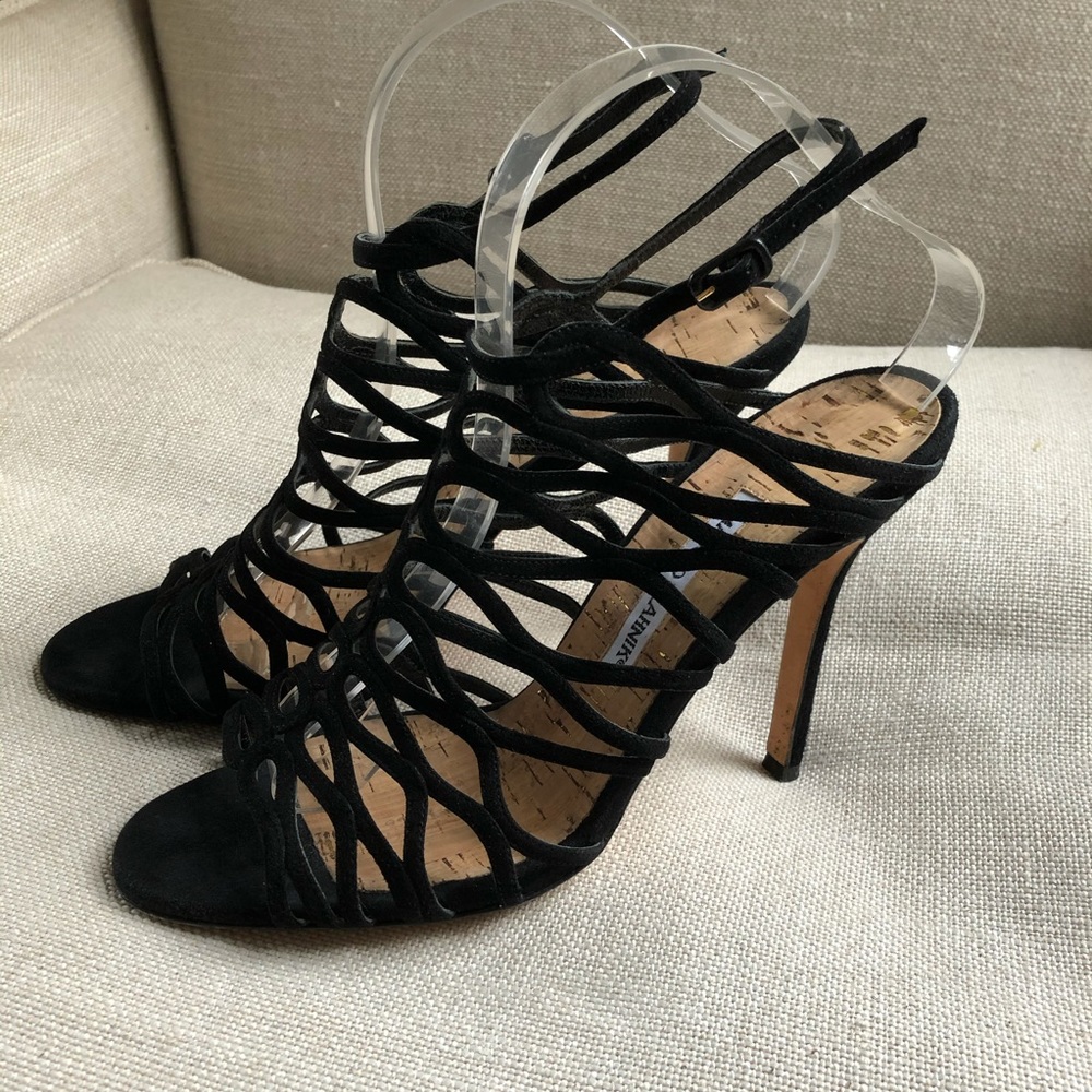 Manolo Blahnik Heels Caged Black Suede Strappy EUC